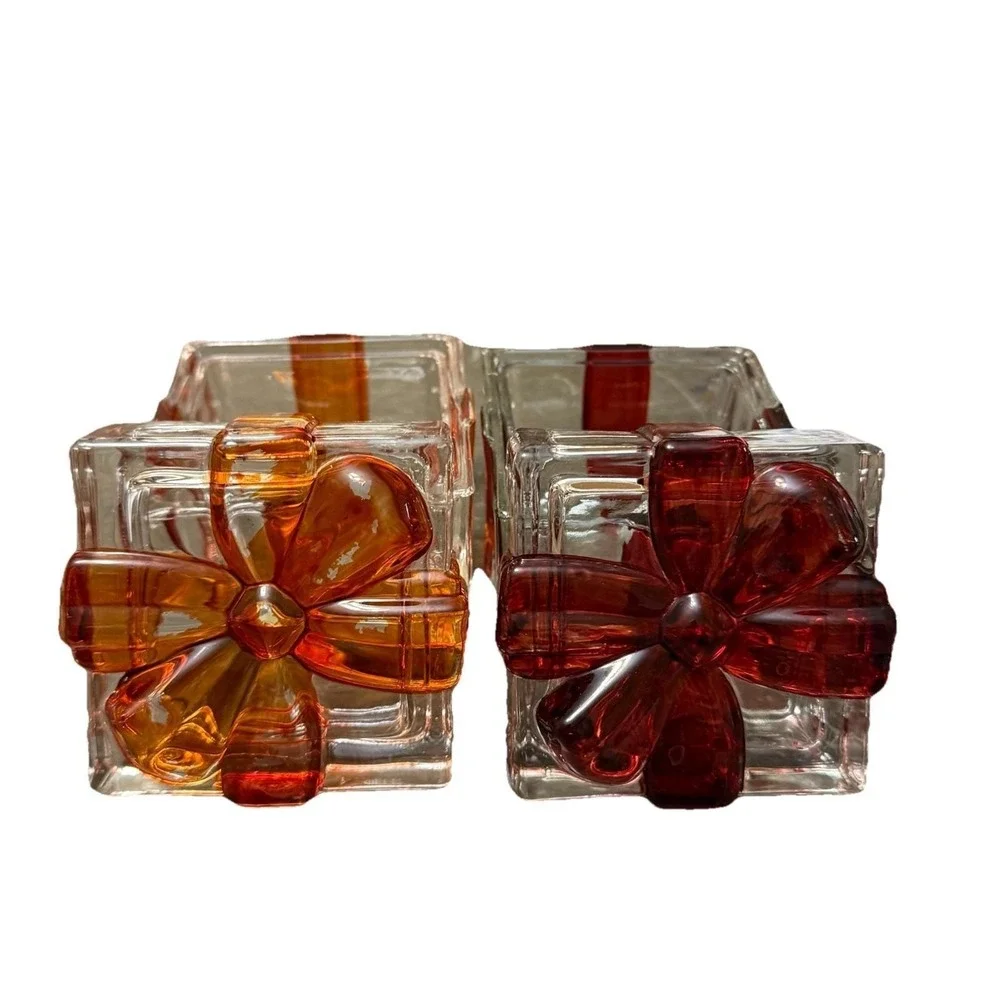 Vintage Glass Present Trinket Boxes Red & Orange Ribbon Gift Box Lot of 2